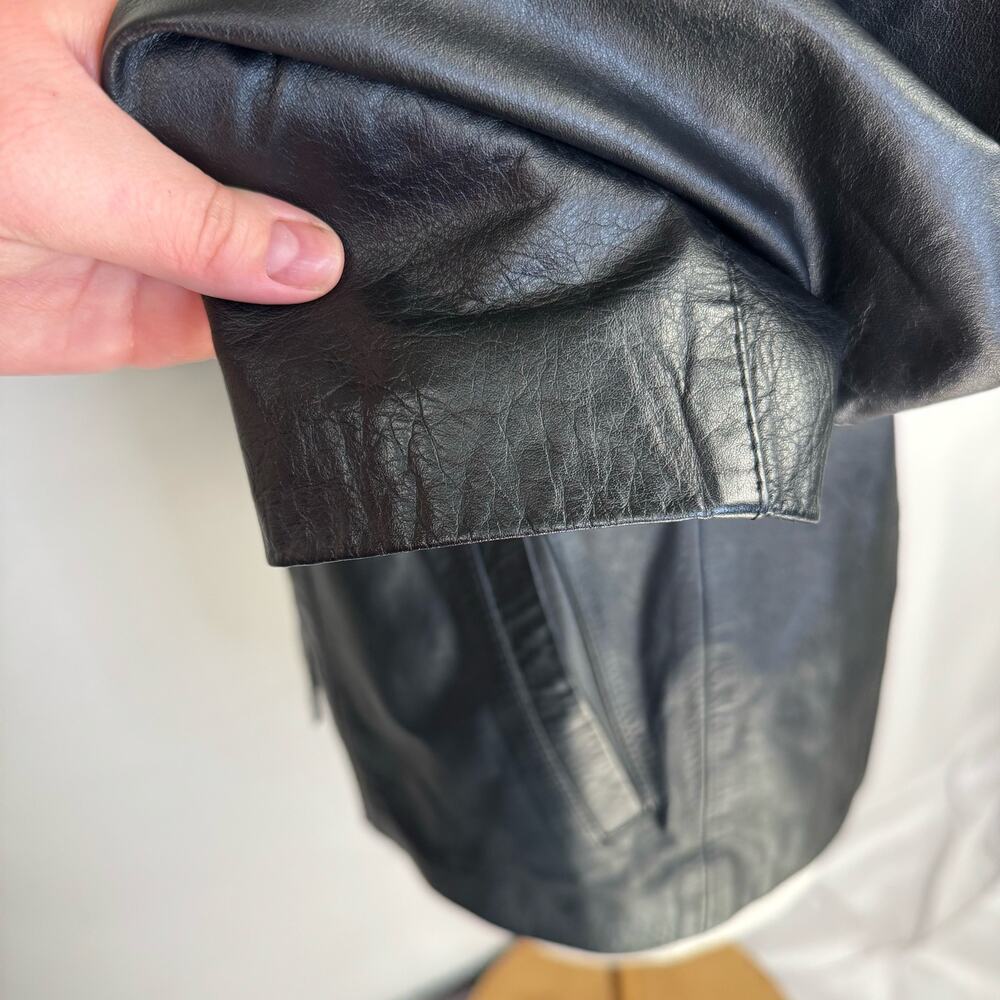 VTG Black Leather 90s Classic Lined Collared‎ Button Up Jacket Women's Large - Picture 3 of 11